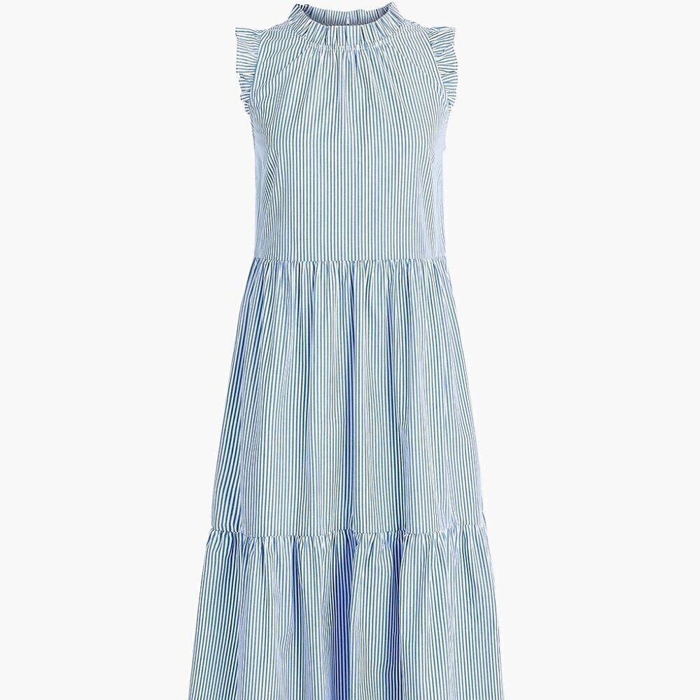 J.CREW Tiered Midi Ruffle Dress Blue & White Stripe Size 2 Coastal Summer Cotton